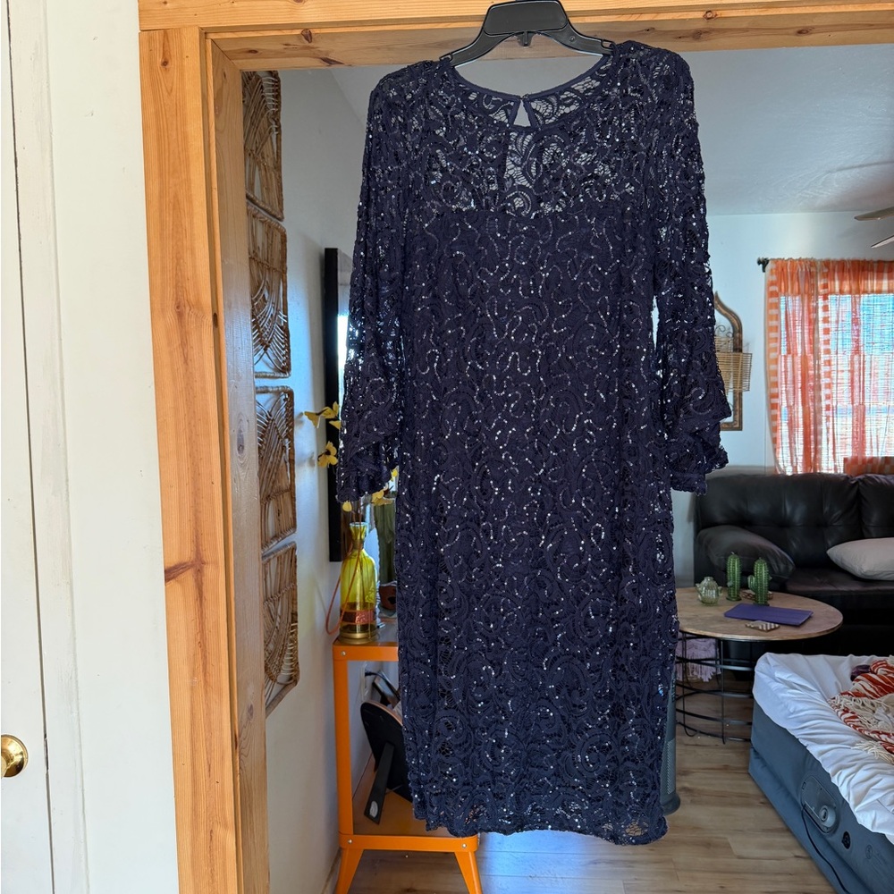 MARINA Midnight Blue Lace Long Sleeve Dress